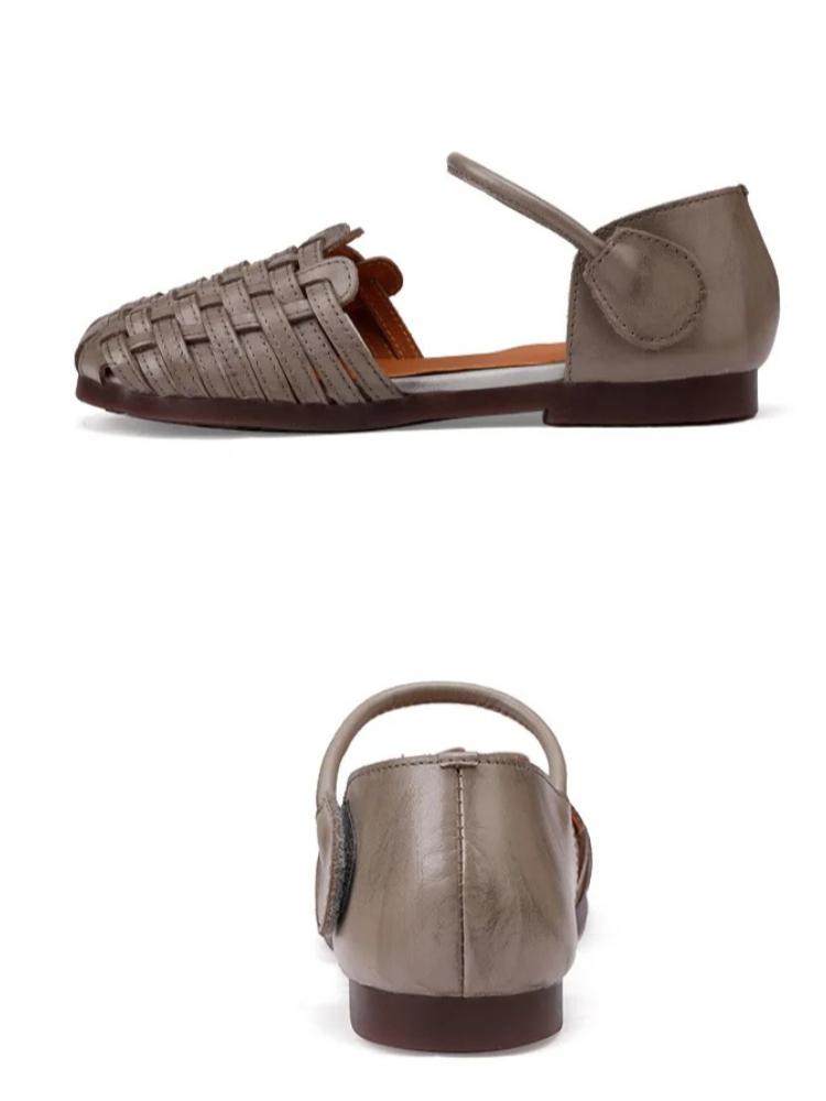 Johnature Hand Woven Cowhide Flat Sandals Retro Genuine Leather Round Toe Soft Soled Women's Shoes