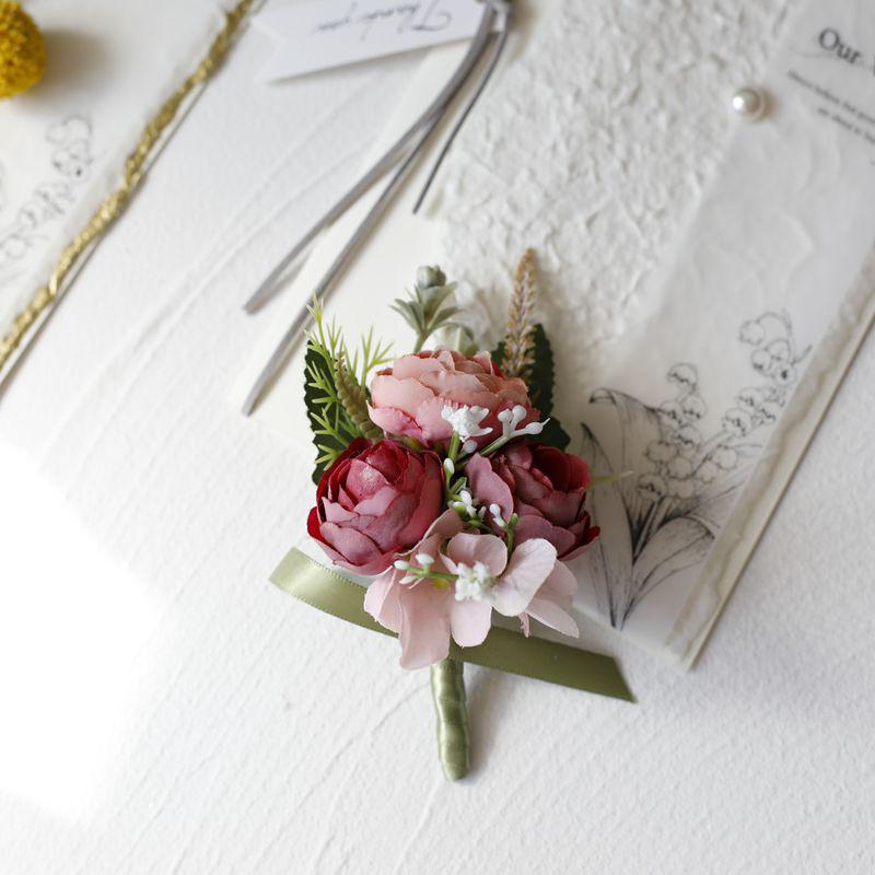 Mori-Style Korean Camellia Wedding Boutonniere & Bridesmaid Wrist Corsage Set