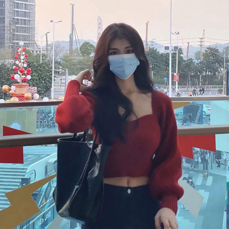 Minimalist Square Collar Off-Shoulder Long-Sleeve Crop Knit Sweater for Women - Early Autumn Style