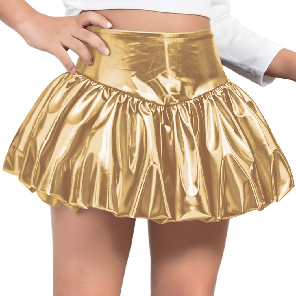 Girls Metallic Bubble Skirt Elastic Waistband Shiny Bud Skirt Sparkly Performance Costume