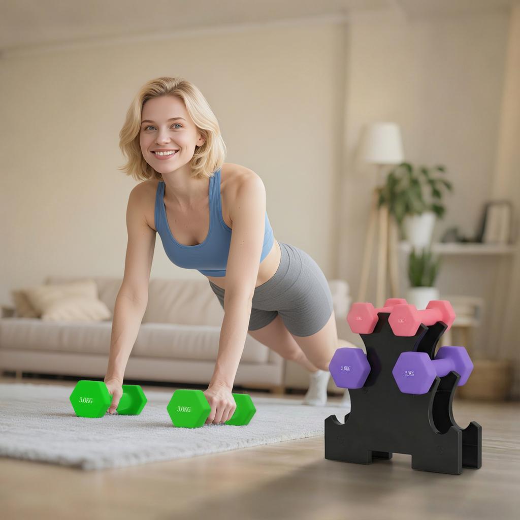 Hex Dumbbells Set with Dumbbell Rack, Hand Weights for Strength Training Weight Lifting, 2 X 1kg, 2 X 2kg, 2 X 3kg