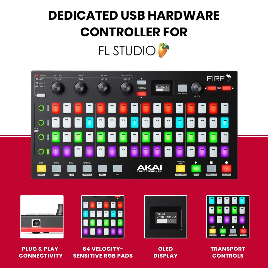 Akai Professional USB MIDI Controller for FL RGB Clip Drum Pad Matrix Software FIRE Controller Only Studio, 64-Pad [Controller Only/No Included]