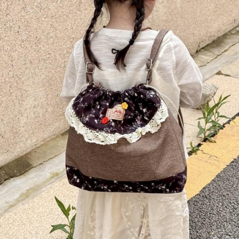 Nylon Lace Drawstring Backpack For Women With Sweet College Style Daily Use