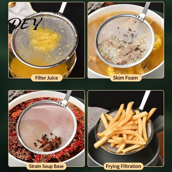 Large Kitchen Frying Spoon Stainless Steel Fine Mesh Skimmer, 100-Mesh Oil Strainer with Skimmer Long Handle, Ladle for Soup Foam Handle