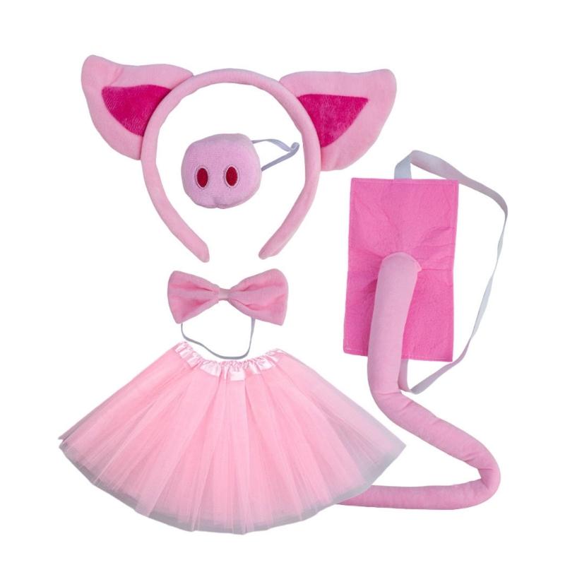 Pig Costume Set Pig Ears Nose Tail,Tutu Skirt,Bowtie Pink Pig Fancy Dress Costume Kit Accessories for Halloween Party 1
