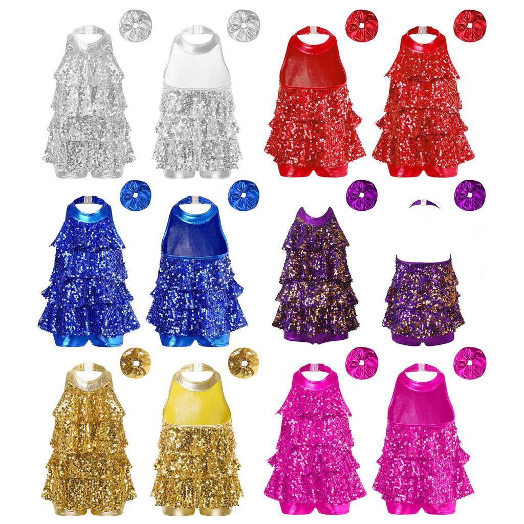 Kids Dance Leotard Halter Neck with Shiny Sequins Ruffles for Jazz Latin Performance Costume