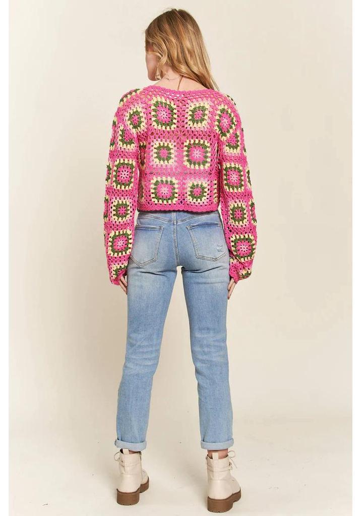 Handmade Crochet Rainbow Block Pullover: Forest Style Round Neck Long Sleeve Sweater