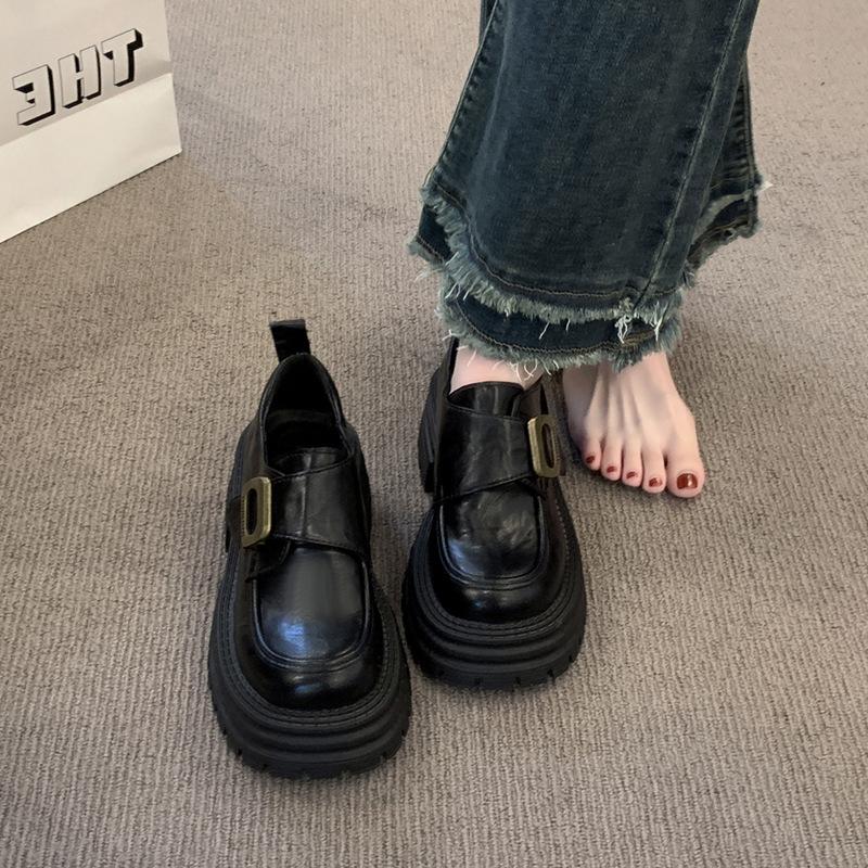 thick-soled thick heel British style small leather shoes women's 2025 new versatile height-increasing women's shoes single shoes black loafers women's