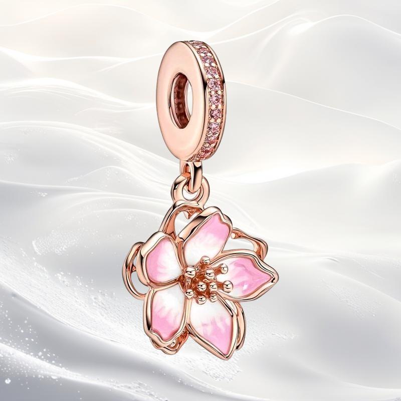 Cherry Blossom Flower Clip Charm Beads Dangle Fit Original Snake Silver Bracelet Necklace Bead For Diy Jewelry Women Gift