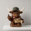 Highland Cow Desk Statue, Funny Middle Finger Cow Figurine with Coffee Cup & Sassy Sign, Cute Farmhouse Desktop Decor, Gag Gift for Coworkers, Office