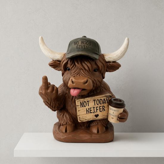 Highland Cow Desk Statue, Funny Middle Finger Cow Figurine with Coffee Cup & Sassy Sign, Cute Farmhouse Desktop Decor, Gag Gift for Coworkers, Office