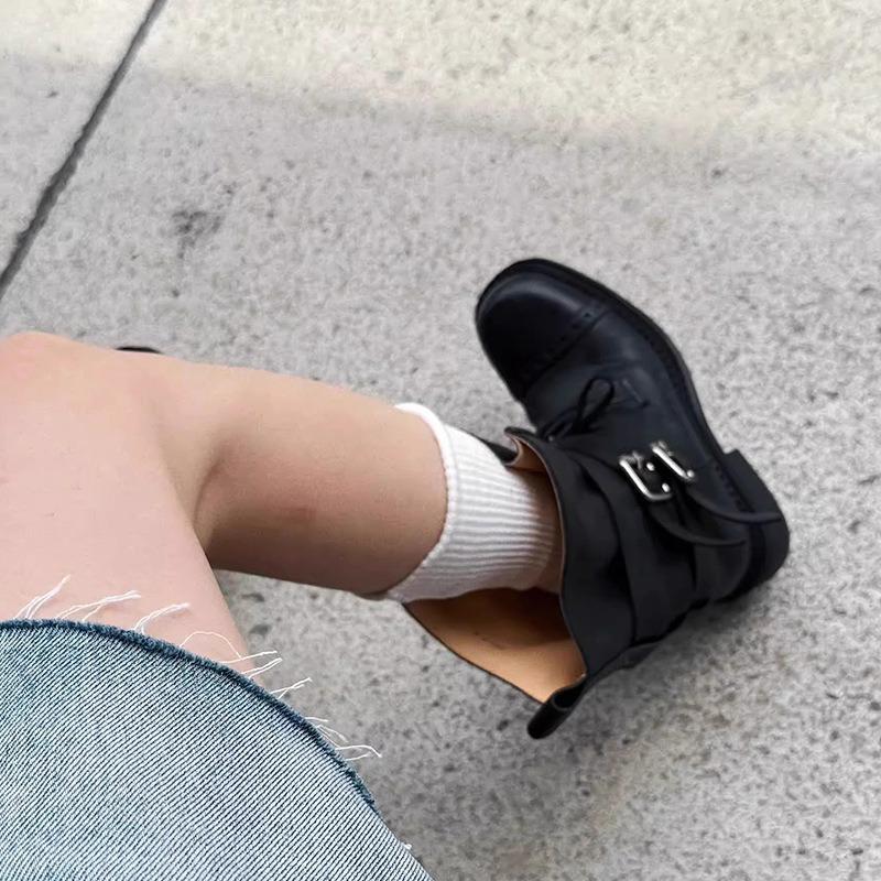 ~ Brown Western Medium Martin Boots Round Head Lace-Up Belt Buckle Buckle Thick Heel Maillard Leather Boots