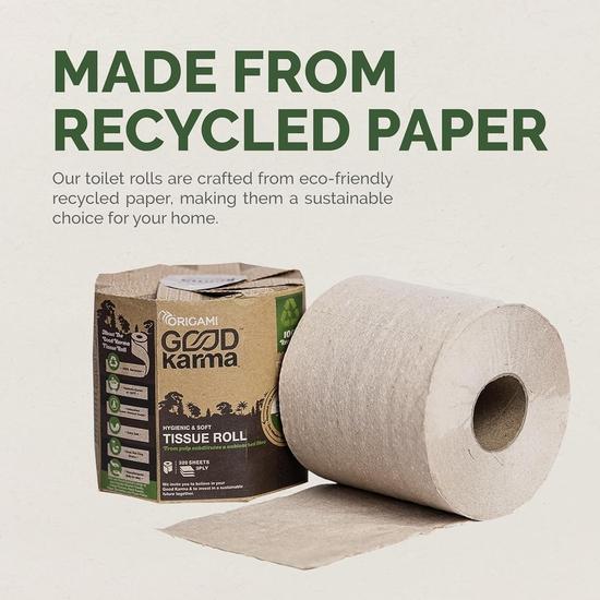 Origami Good Karma 3 Ply Eco-Friendly Unbleached Toilet Tissue Paper Roll - Pack of 6 (320 Pulls Per Roll, 1920 Sheets)