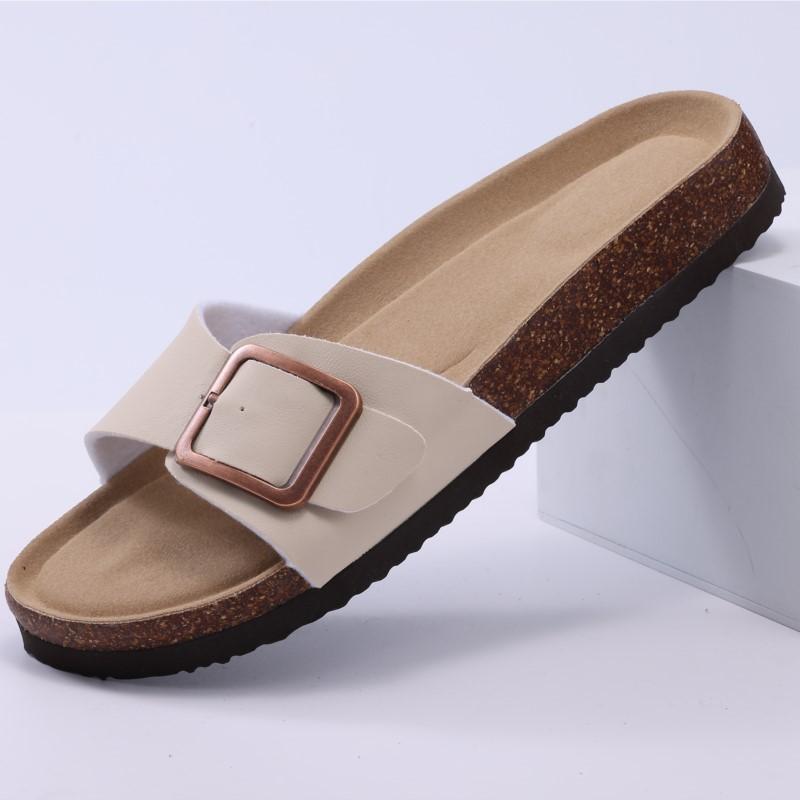 Modische Crestar Damen Sommer Kork Pantoletten 2025 Neu Outdoor Strand Flip Flops Modische Leder Orthopädische Sandalen mit Verstellbarer Schnalle