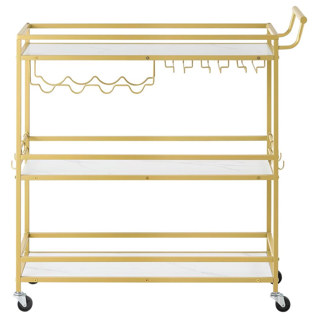 Bar Cart, 3 Tiers Home Kitchen Serving Carts, Modern Rolling Utility Station on Wheels, Mobile Drink Beverage Trolley with Wooden Shelf, Wine Rack,