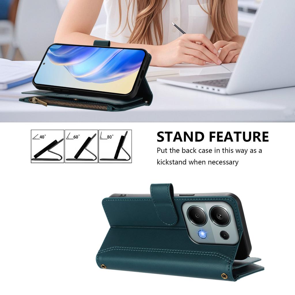 For Xiaomi Poco M6 Pro 4G/Xiaomi Redmi Note 13 Pro 4G Leather Case 9 Card Slots Zipper Wallet Stand Phone Cover with Wrist Strap