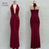 New Women's Long Dress Solid Color Elegant Neck Deep V Waist Sexy Backless Streamer Fishtail Skirt