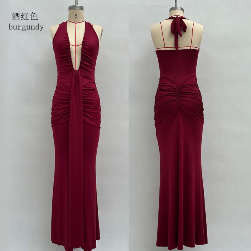 New Women's Long Dress Solid Color Elegant Neck Deep V Waist Sexy Backless Streamer Fishtail Skirt