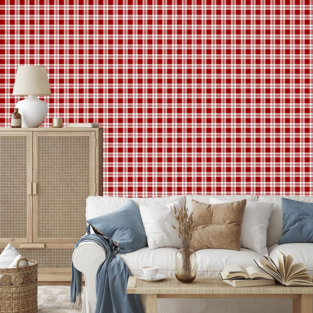 Red Checkered Wallpaper, Red and Light Gray, 50x1000