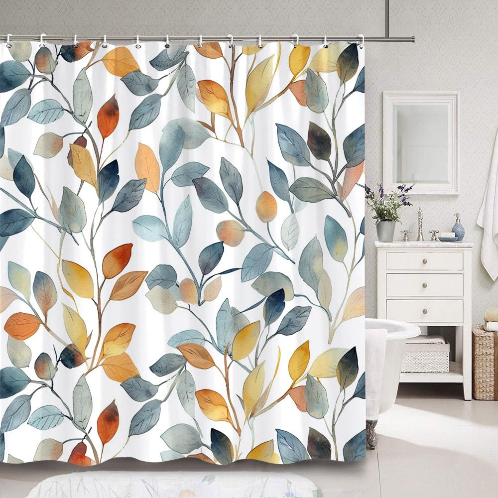 Modern Simple Colourful Leaf Shower Curtain Botanical Pattern Polyester Fabric Shower Curtains Bathroom Decoration With Hooks