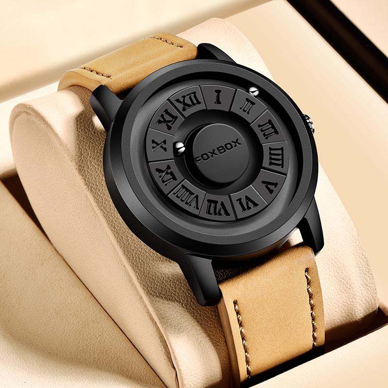 Fashion New Man Watch Creative Scrolling Pointer Magnetic Force Quartz Watch Genuine Leather Sport Men Watches Relogio Masculino