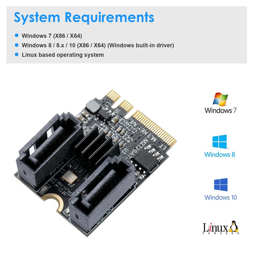 Mzhou M.2 Key A+E to Dual SATA Adapter Card - 2-Port SATA (6 Gbps) Expansion for Windows 1087 and Linux - Includes 2 SATA Cables and M.2 Screws -