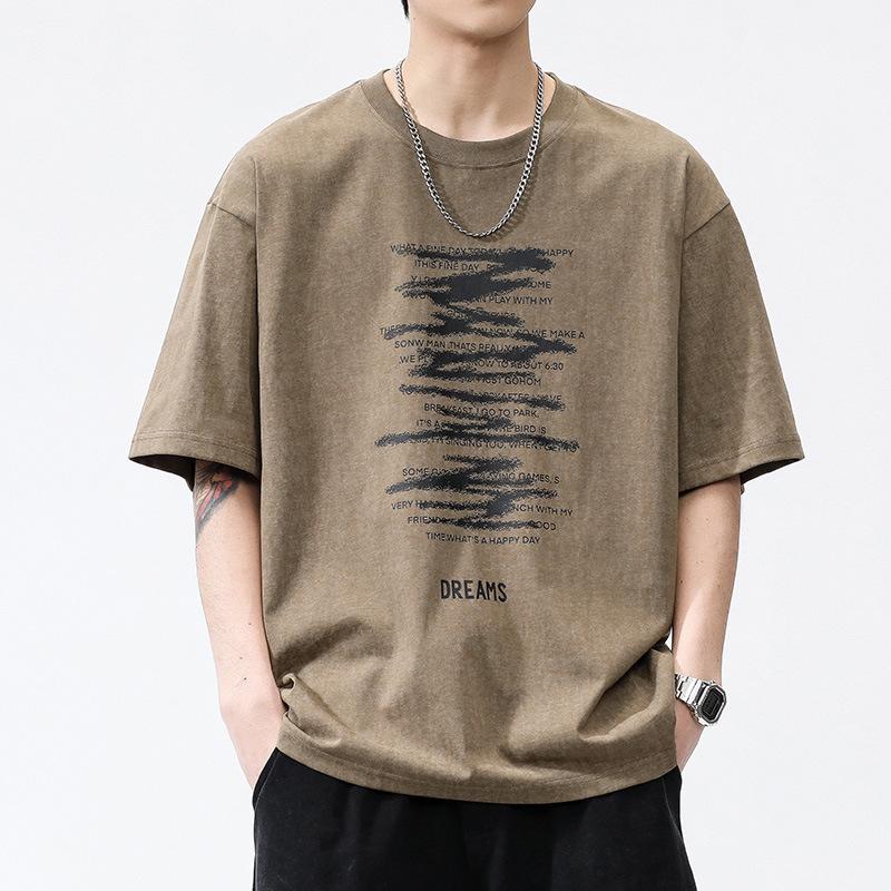 

American Retro Heavy Washed Short-Sleeved Men S Summer Loose Casual Printed T-Shirt Round Neck Boys Five-Quarter Sleeves 3XL темно-коричневого кольору