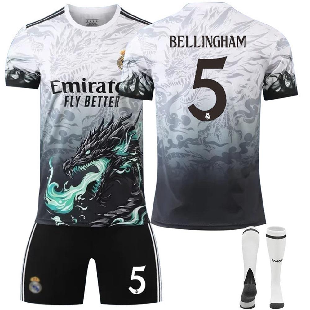 Dospívající Děti Dospělí Vlastní Jméno Fotbalové Dresy 24/25 Real Madrid Bílý Drak #5 BELLINGHAM Sportovní Tréninkový Dres Set se Ponožkami