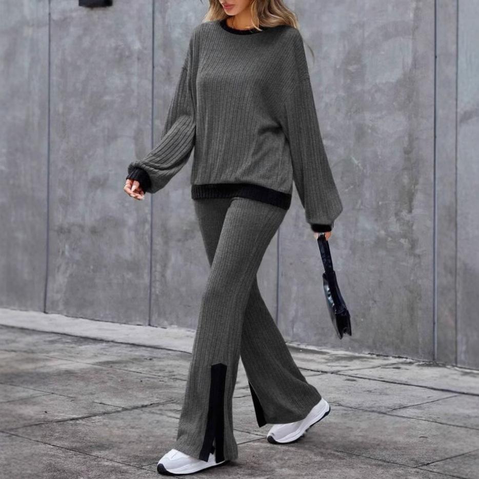 Women's Ribbed Knit Set Long Sleeve Top and Wide Leg Pants with Black Contrast Trim In Beige