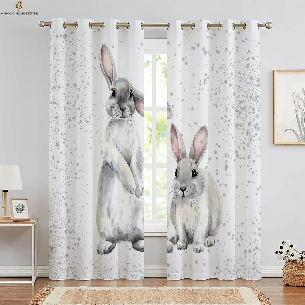 Set Of 2 Easter Decorative Curtains Retro Cartoon Rabbit Print Bedroom Living Room Children Curtain For Sitting Made Polyester