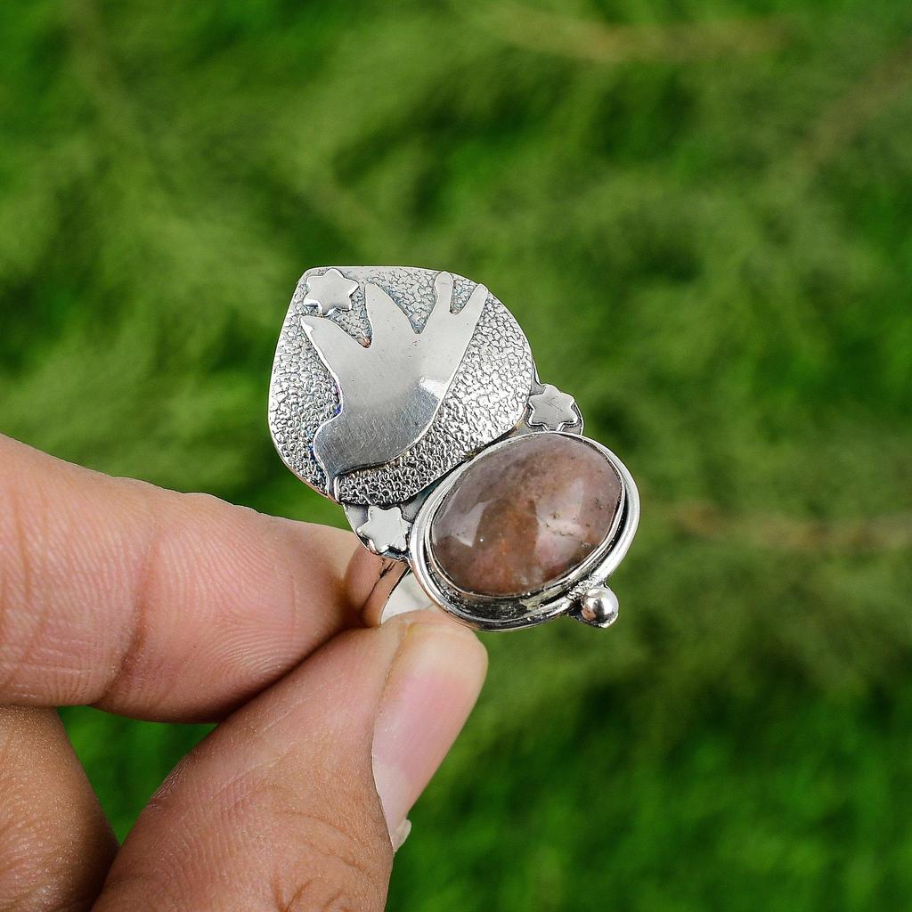 Natural Rhodonite Gemstone 925 Silver Promise Bird Adjustable Ring For Women