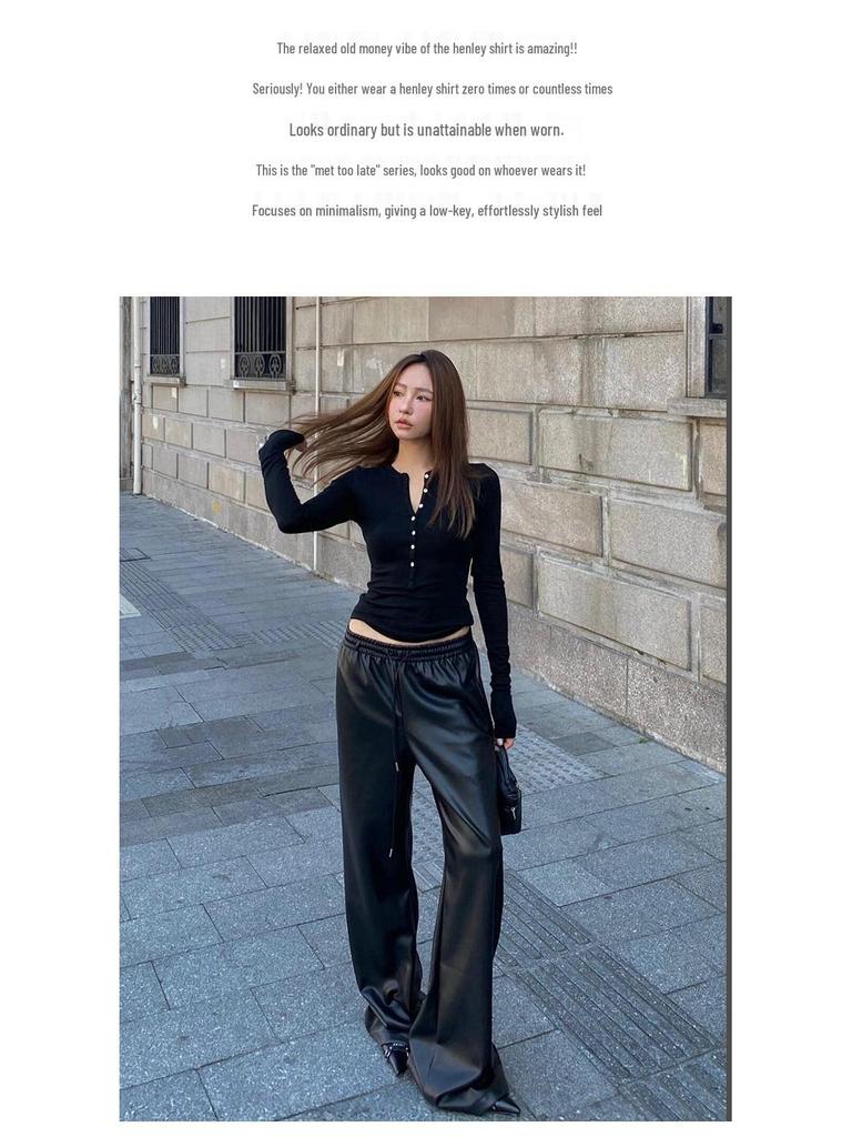 Women's Slim Fit Faux Cashmere Henley Top - Autumn/Winter Long Sleeve