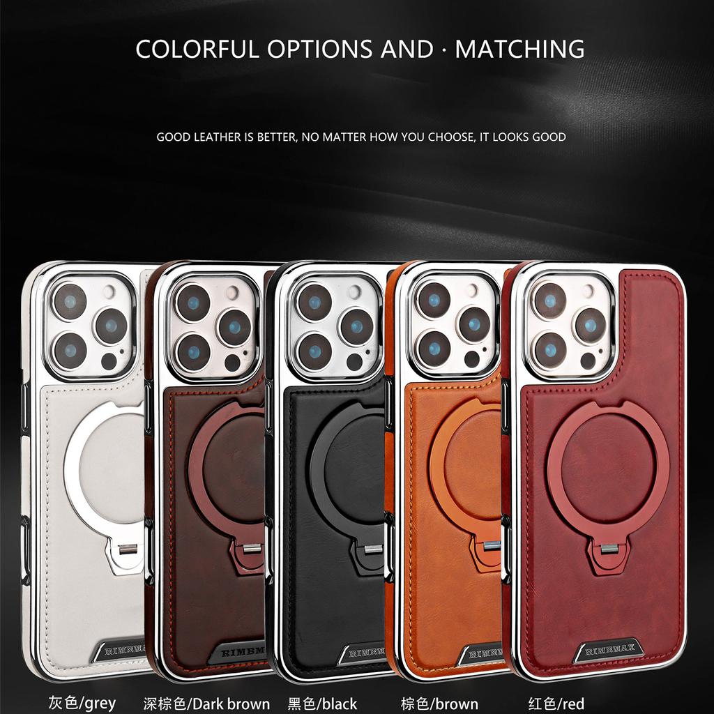 360 Rotating Bracket Luxury Magnetic Stand Ring Leather Case For iPhone 16 Pro Max 15 14 13 12 Magsafe Wireless Charging Cover