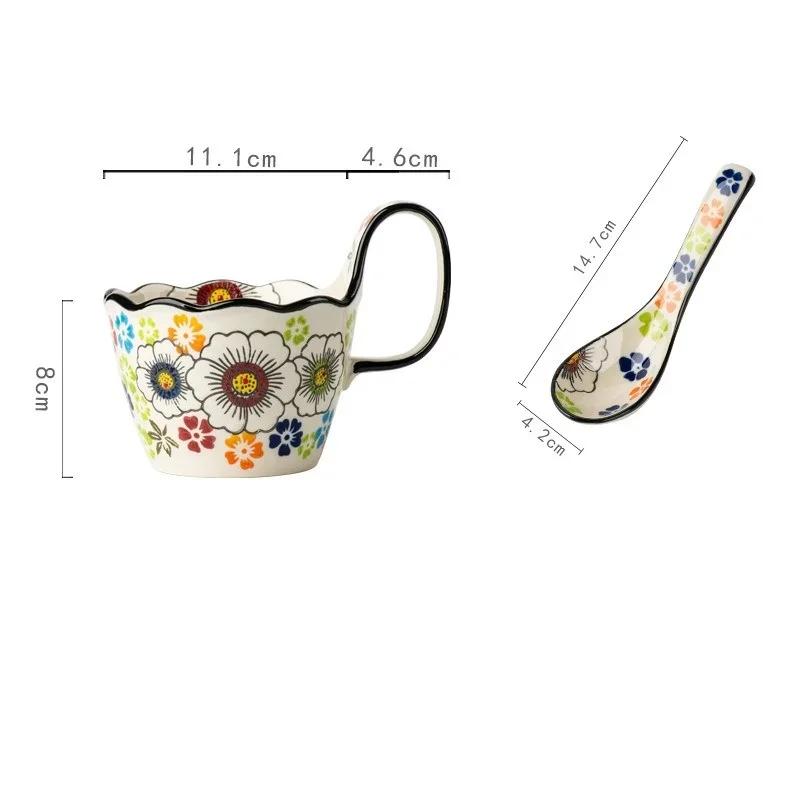 400ML Ceramic Mug Hand-painted Flower Handle Coffee Cup with Small Spoon Office Home Breakfast Milk Cup Holiday Gift for Couples