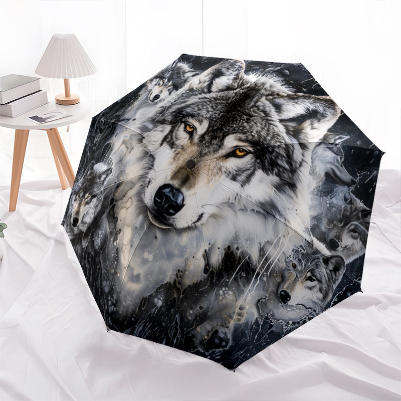 1 ks automatický skládací deštník - Krásný vzor vlka, Přenosný a skládací design s 8 žebry, Vánoční narozeninové dárky