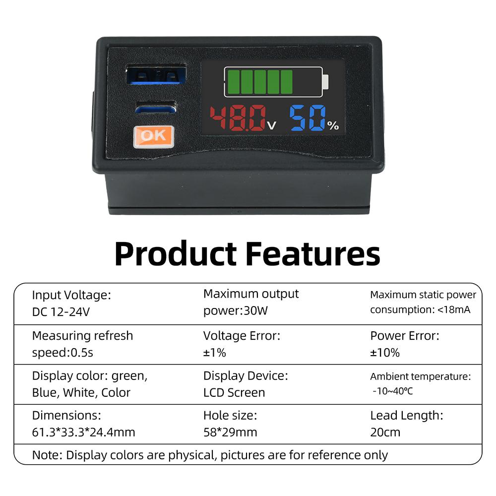 Battery Monitor Dc12 24V Lcd Voltmeter 30W Pd Qc Fast Charging For Lead Acid Ternary LiFePO4 Battery Custom Calibration