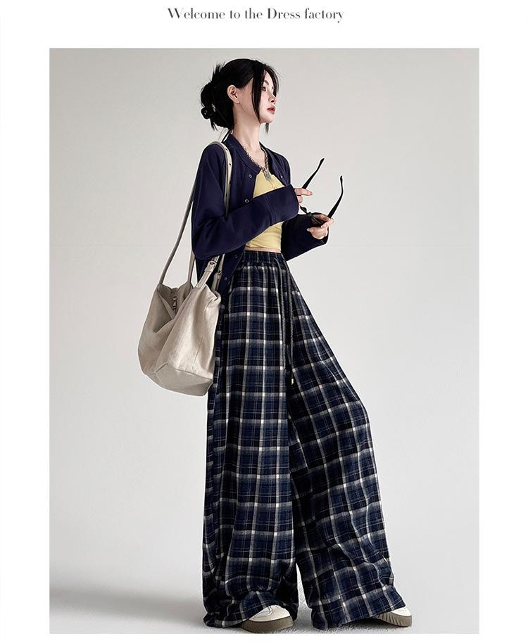 Women's Retro Plaid Wide-Leg Cuffed Pants - Spring 2026 Lazy Style