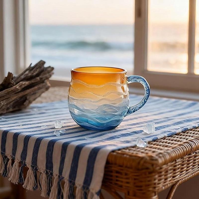 Meerglas Sonnenuntergang Tasse Handgeblasene Ozeanwellenmuster Tasse Einzigartige strukturierte Strand-Thema Tassen Für Tee Meeresinspirierte Trinkgeschirr