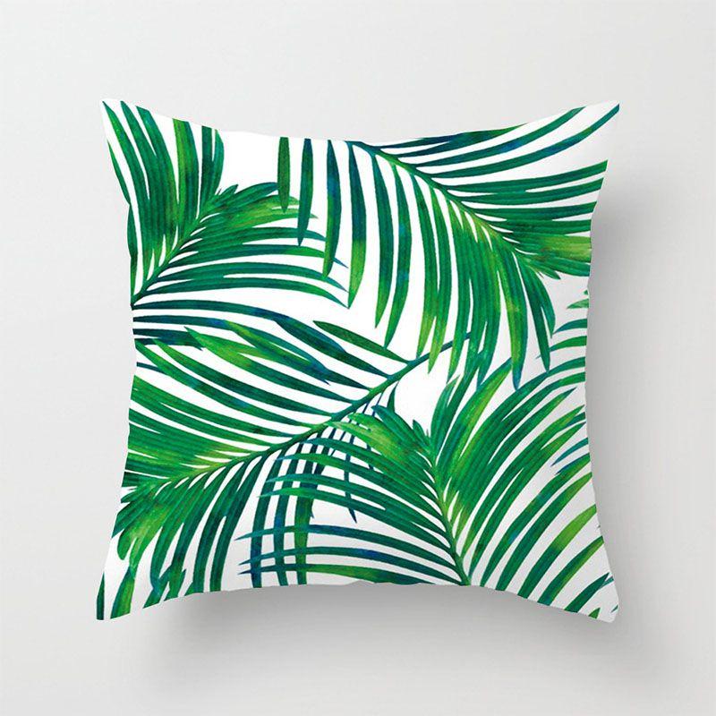 Elegant Green Tropical Plants Palm Tree Leaves Linen Pillow Case With Classic Design 18"x18