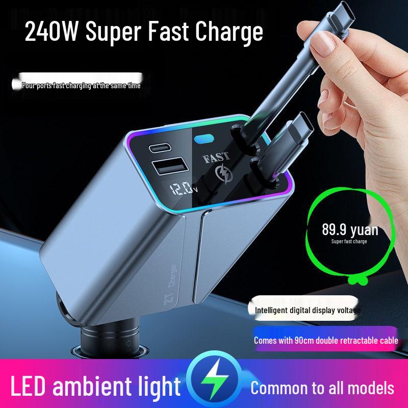 

Retractable Car Charger with Dual Cigarette Lighter Ports, Fast Charging for Apple, Huawei, and Xiaomi Devices.