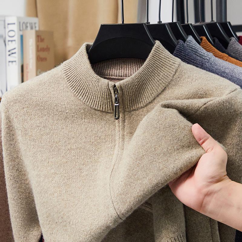 Męski gruby wełniany sweter rozpinany, kołnierz stojący, 520g, gruba gładka tkanina, casualowa ciepła odzież wierzchnia na zimę.