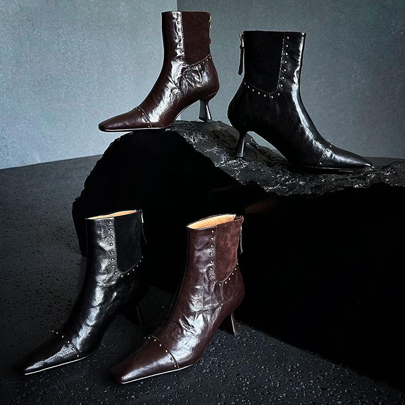 Fashion Women's new autumn and winter pointed leather sheepskin metal rivet high-heeled plus size and calf zipper fashion short boots