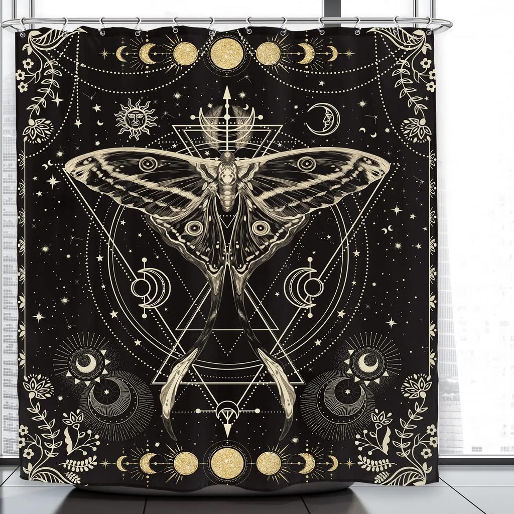 Złoty Ćma Faza Księżyca Zasłona Prysznicowa Gotycka Czarna Motyl Księżycowa Zasłona Kąpielowa Psychodeliczna Tarot Zasłony Kąpielowe Zestawy Łazienkowe