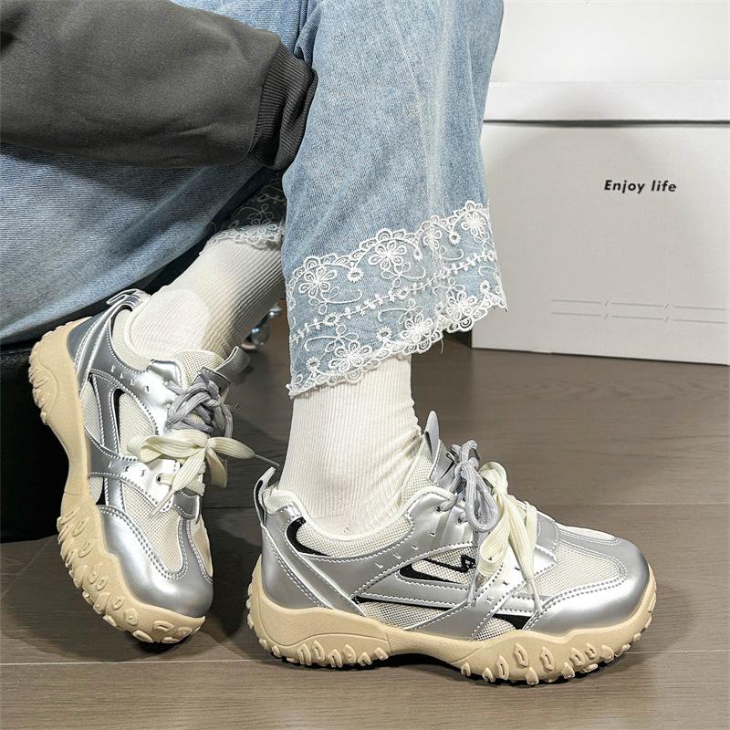 Leather dad shoes women's inner height increase classic mandarin duck double belt sports leisure breathable net spell virtue training shoes women