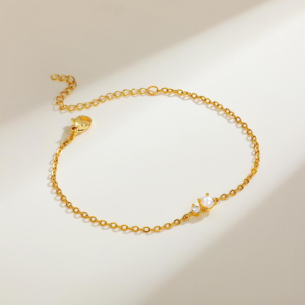 18K Gold Imitation Round Imitation Pearl Zircon Bracelet Stainless Steel Bead Chain Simple Thin Chain Hand Jewelry