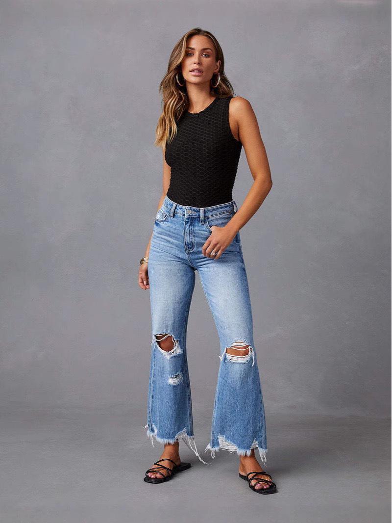 European-American Tie-Dye High-Waisted Ripped Wide-Leg Jeans Extra Large