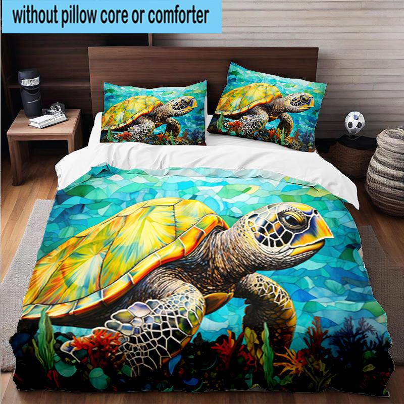Cartoon Sea Turtle Artwork 3pcs Bedding,Including 1pc Duvet Cover And 2pcs Pillowcases Perfect for Christmas,Ideal for Bedroom, Dormitory