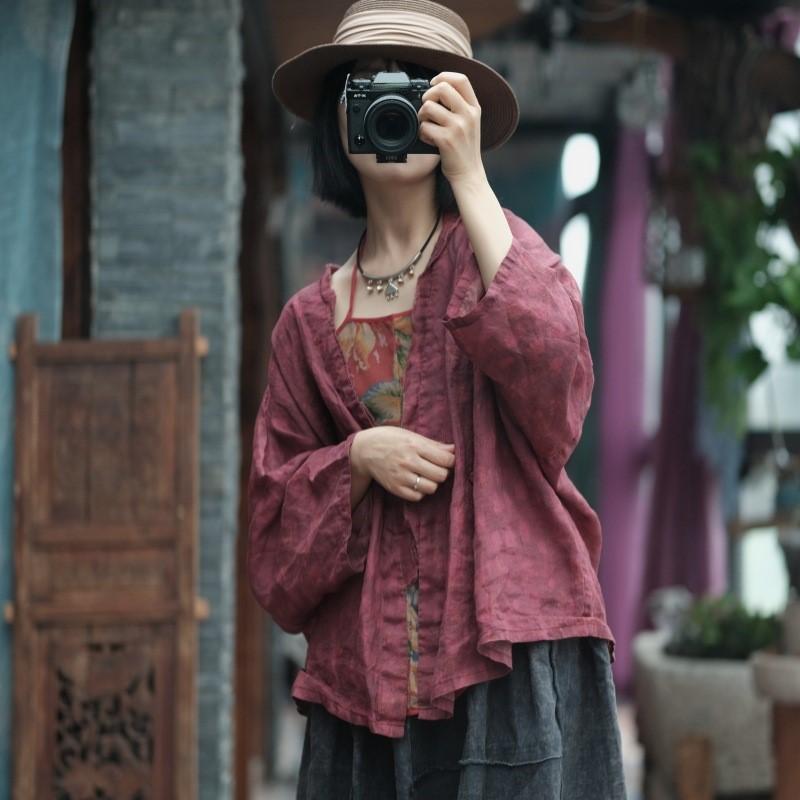 Johnature Herbst Frau Vintage Stil Leinen Lose V-ausschnitt Shirt Mode Drei Viertel Druck Retro Hemd