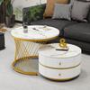 Elegant 2-Piece White Coffee Table Set, Nesting Shape, 60*60*46cm & 50*50*30.8cm, Marble Look, 2 Drawers, Load Capacity up to 30kg
