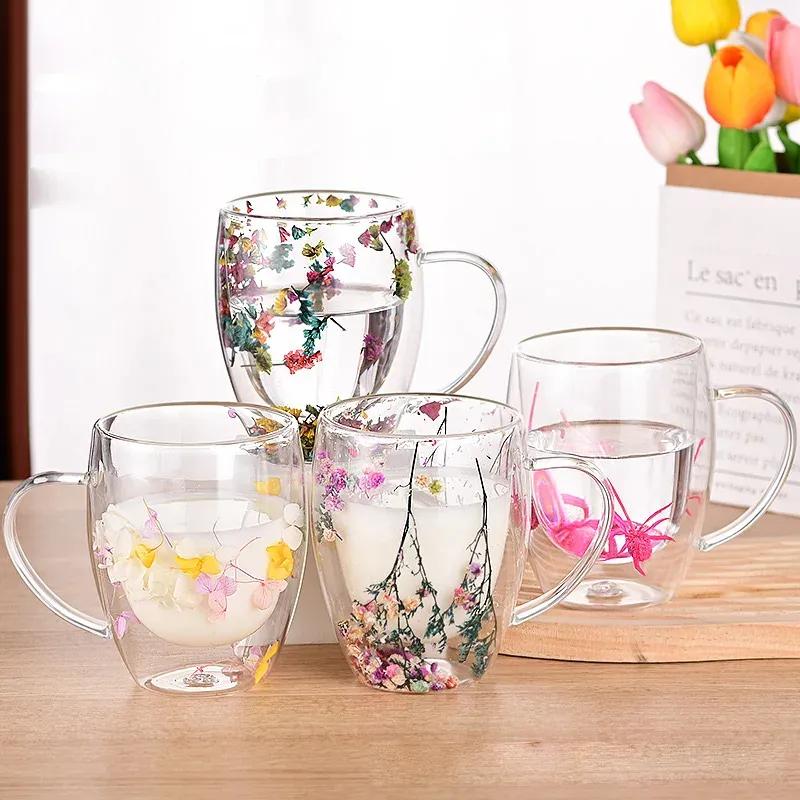 350ml Doppelwandige Glasbecher Tasse mit Trockenblumenfüllung mit Henkeln Küchenzubehör WLL2148